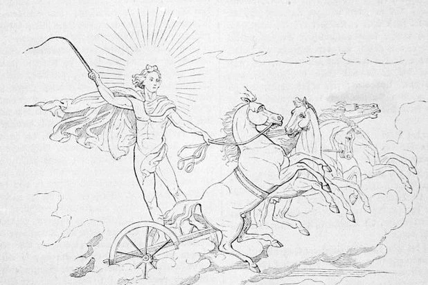 Woodcut of Helios riding a chariot in the sky. (Photo by Getty Images)