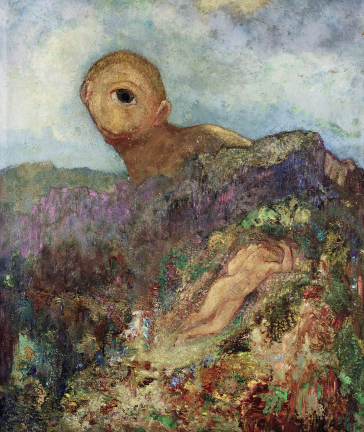 The Cyclops by Odilon Redon – Mythological Creatures as Symbols, Polyphemus spying on Galatea in a vivid Symbolist landscape