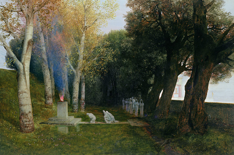 Painting "The Sacred Grove" by Arnold Böcklin, depicting a shadowy forest sanctuary framed by cypress trees and classical ruins an evocative fusion of Symbolism and mythology reflecting themes of death, nature, and the divine