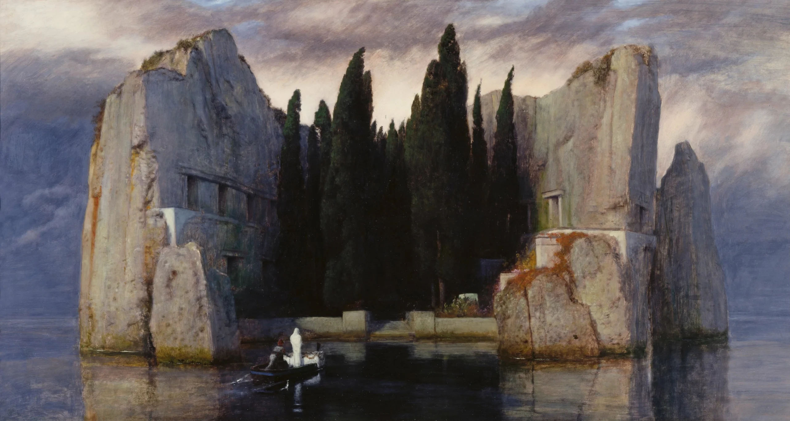 Isle of the Dead by Arnold Böcklin, 1883, rowboat carrying a white-shrouded figure toward a rocky island with cypress trees