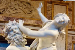 Greek mythology in art, Bernini's Rape of Persephone, Hades gripping Persephone as he pulls her into the underworld, marble sculpture Borghese Gallery Rome