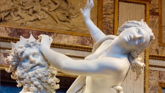 Greek mythology in art, Bernini's Rape of Persephone, Hades gripping Persephone as he pulls her into the underworld, marble sculpture Borghese Gallery Rome