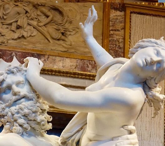 Greek mythology in art, Bernini's Rape of Persephone, Hades gripping Persephone as he pulls her into the underworld, marble sculpture Borghese Gallery Rome