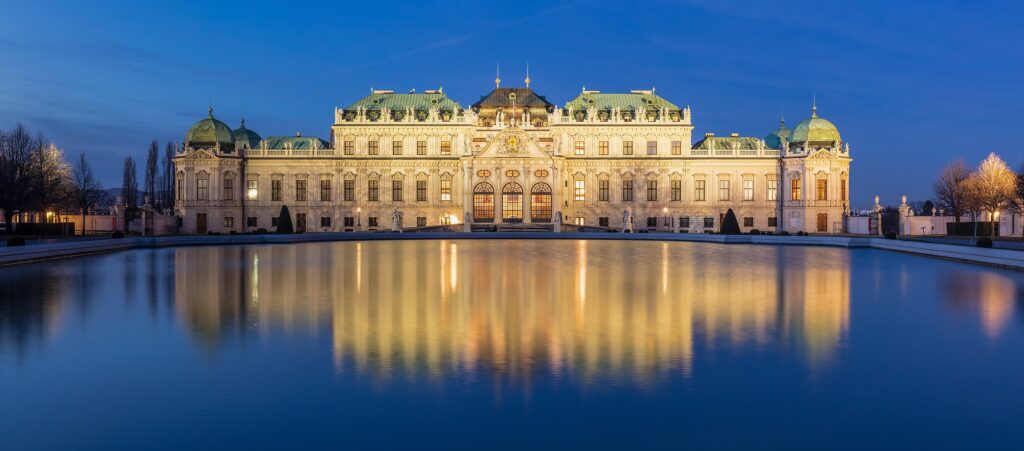 View of the Upper Belvedere Palace during the blue hour, Vienna, Austria.
