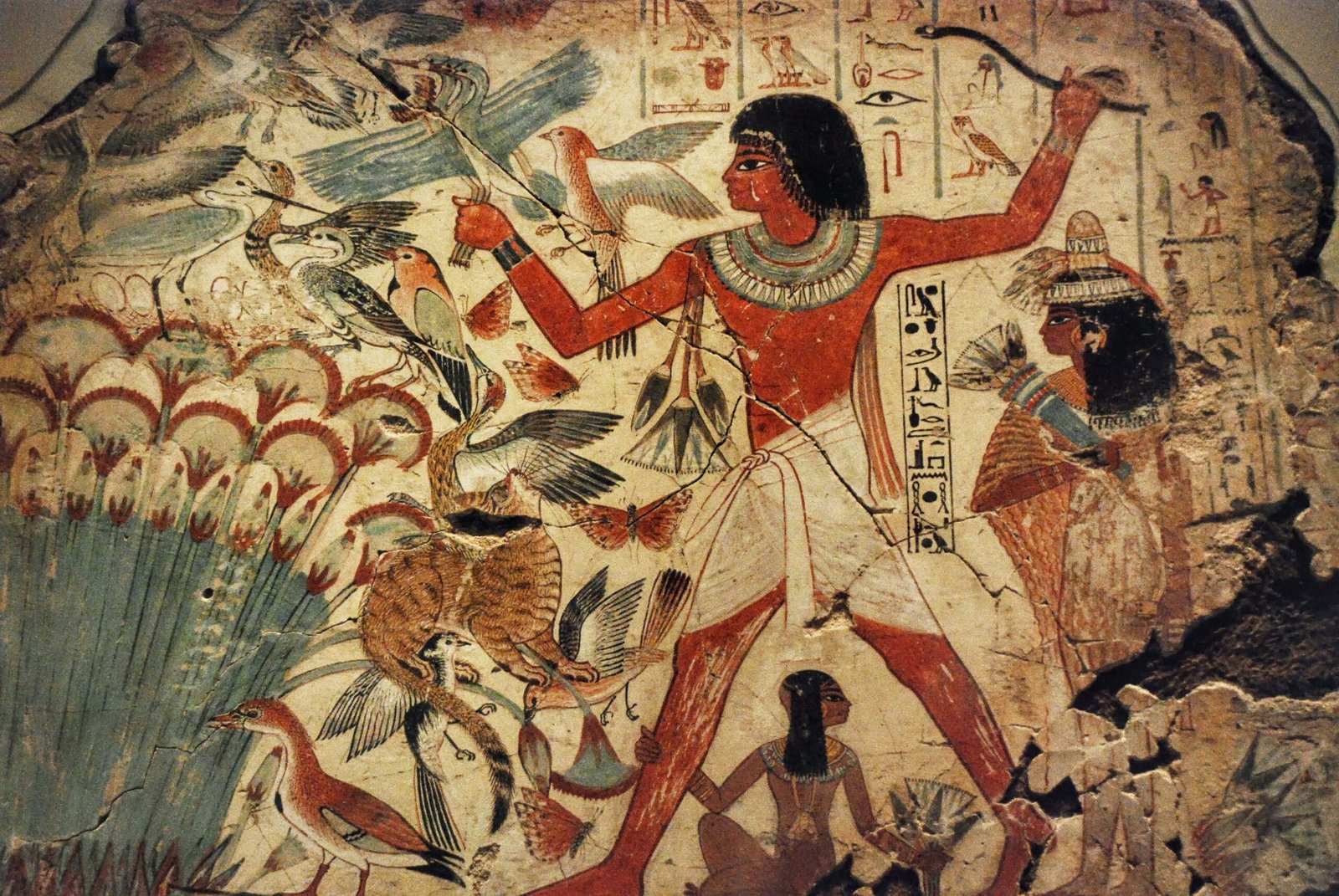 Ancient Egyptian painting from the tomb of Nebamun circa 1350 BCE showing bird hunting in the marshes connected to heron symbolism