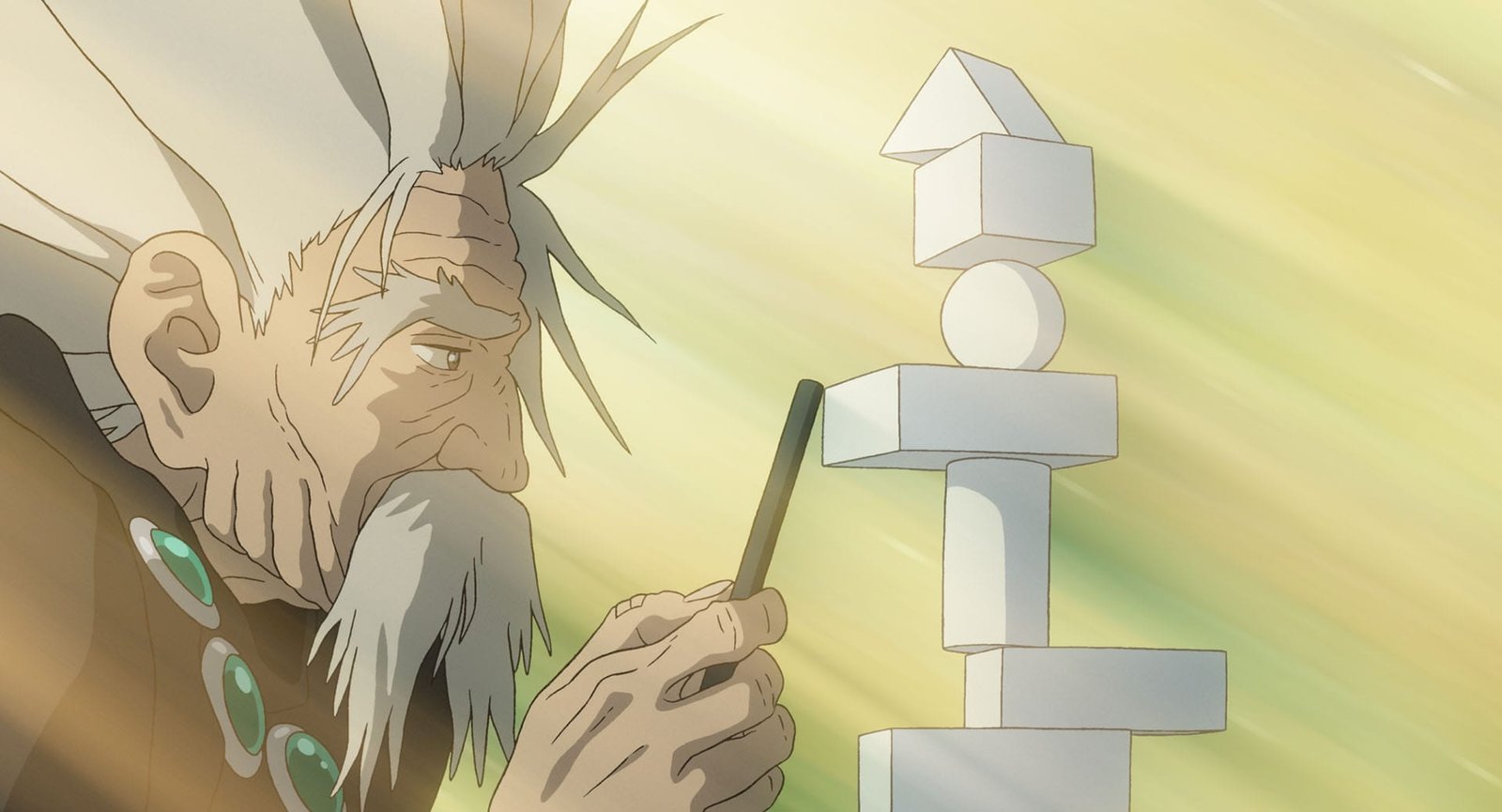 The Granduncle balancing 13 stones in The Boy and the Heron, Studio Ghibli 2023
