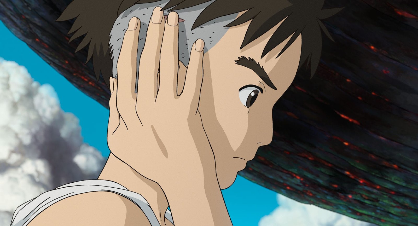 Mahito standing side profile holding his forehead scar in The Boy and the Heron, Studio Ghibli 2023