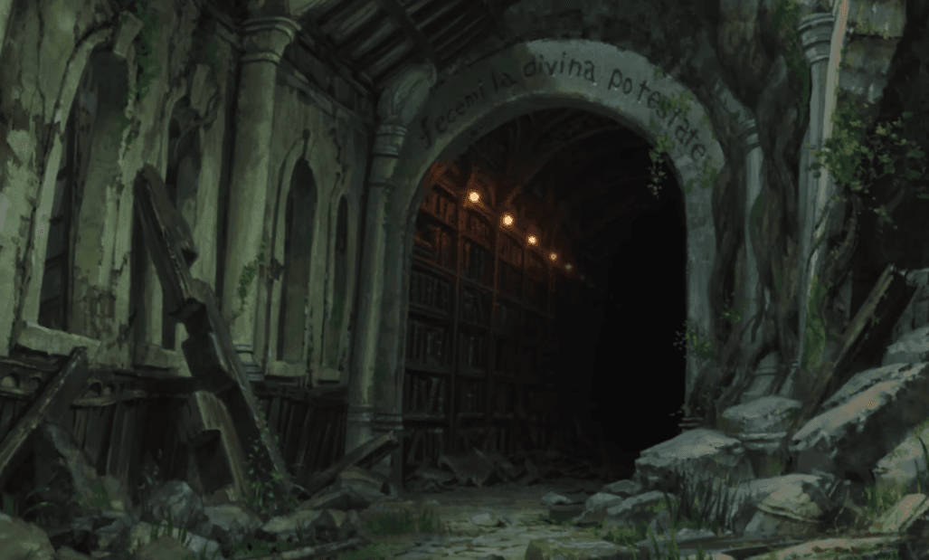 The tower entrance with Dante inscription in The Boy and the Heron, Studio Ghibli 2023