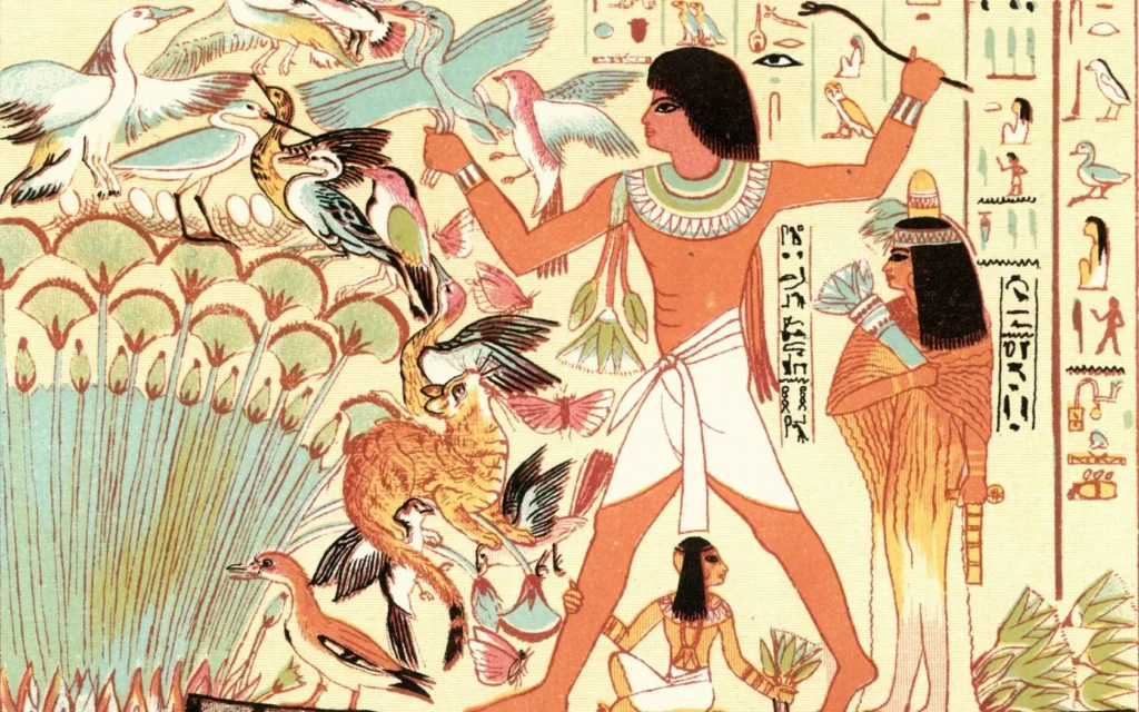 An engraving of Ancient Egyptians hunting birds