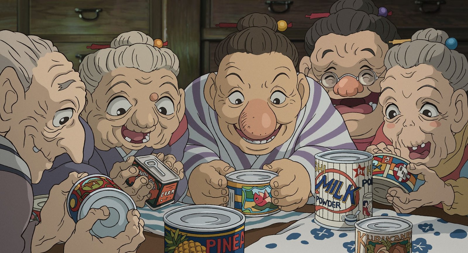 The seven old ladies carrying canned food as symbolic objects in The Boy and the Heron, Studio Ghibli 2023