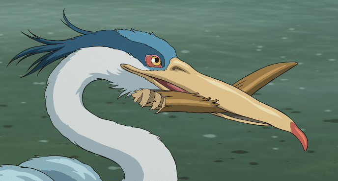 The grey heron in The Boy and the Heron, Hayao Miyazaki's 2023 Studio Ghibli film