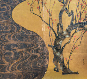Ogata Kōrin, Red and White Plum Blossoms, 18th century (Edo period), pair of two-fold screens, color and gold leaf on paper, 156 x 172.2 cm each (National Treasure; MOA Museum, Atami; photo: Steven Zucker, CC BY-NC-SA 2.0)