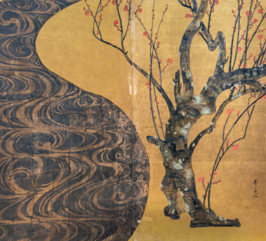 Ogata Kōrin, Red and White Plum Blossoms, 18th century (Edo period), pair of two-fold screens, color and gold leaf on paper, 156 x 172.2 cm each (National Treasure; MOA Museum, Atami; photo: Steven Zucker, CC BY-NC-SA 2.0)