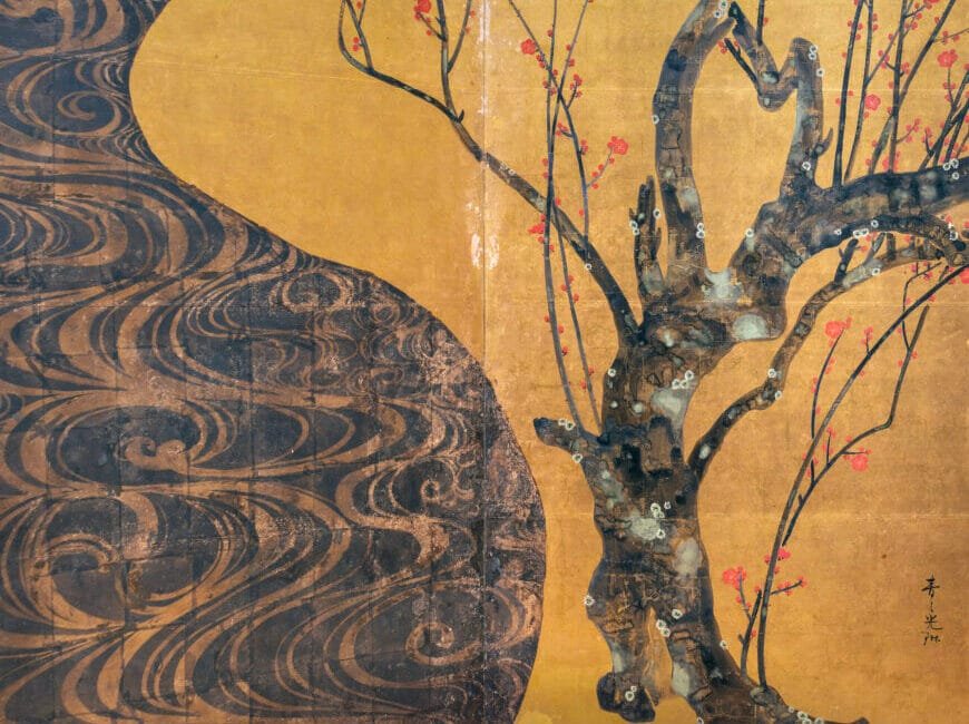 Ogata Kōrin, Red and White Plum Blossoms, 18th century (Edo period), pair of two-fold screens, color and gold leaf on paper, 156 x 172.2 cm each (National Treasure; MOA Museum, Atami; photo: Steven Zucker, CC BY-NC-SA 2.0)