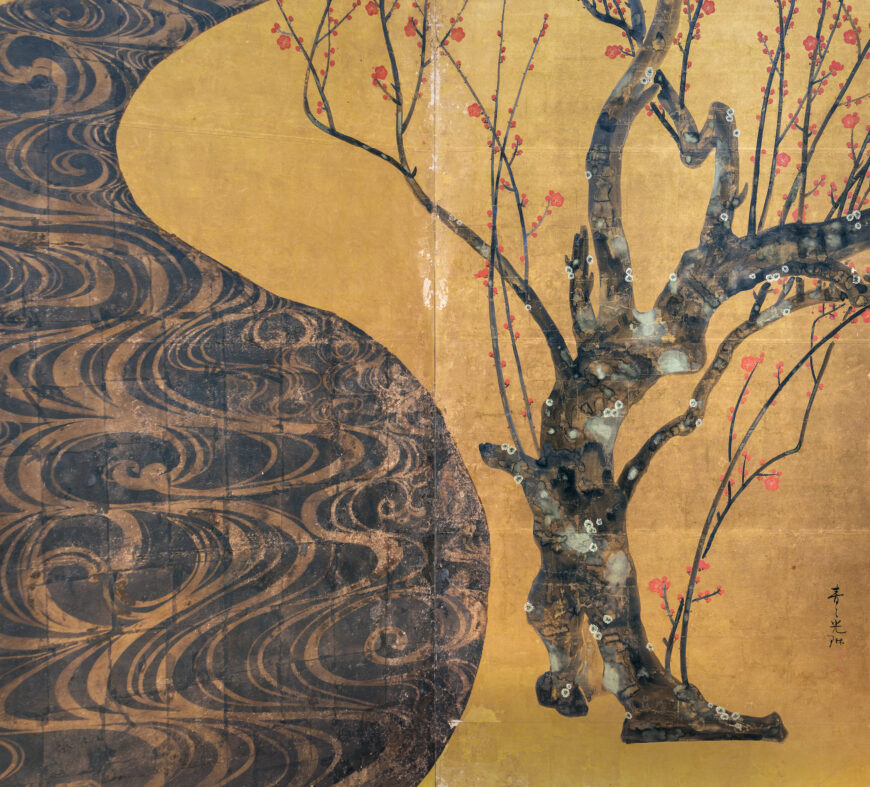 Ogata Kōrin, Red and White Plum Blossoms, 18th century (Edo period), pair of two-fold screens, color and gold leaf on paper, 156 x 172.2 cm each (National Treasure; MOA Museum, Atami; photo: Steven Zucker, CC BY-NC-SA 2.0)