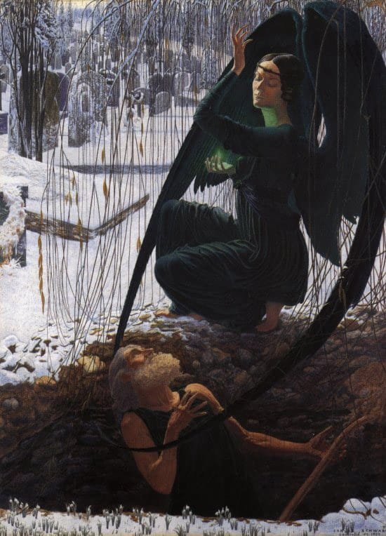 Death and the Gravedigger by Carlos Schwabe, winged angel of death in black standing over an old gravedigger in a snowy cemetery