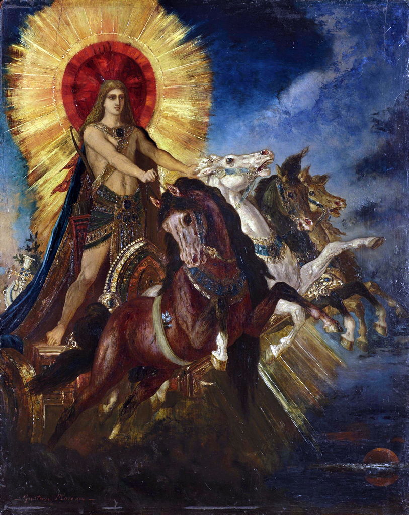 Gustave Moreau (1826–1898), The Chariot of Apollo, or Phoebus Apollo (c 1880), oil on canvas, 55.5 x 44.5 cm, Private collection. Wikimedia Commons.