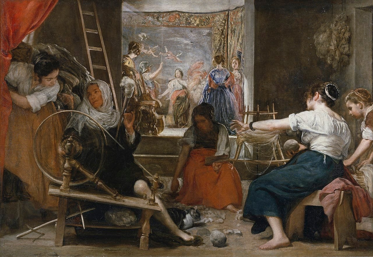 Las Hilanderas The Spinners by Diego Velázquez c 1657 oil on canvas depicting the myth of Arachne and Athena in a weaving workshop Museo del Prado Madrid