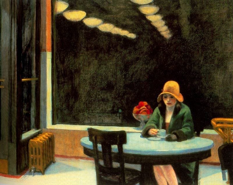 Edward Hopper Automat 1927 oil on canvas Des Moines Art Center lone woman sitting alone at night staring into coffee cup urban loneliness isolation