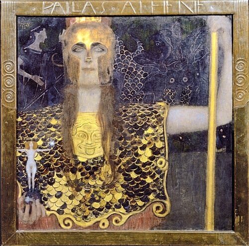 Pallas Athene, Greek goddess of wisdom and war, in full armor with helmet and spear