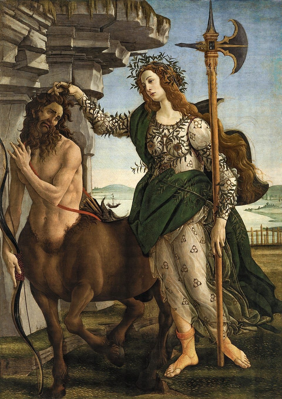 Pallas and the Centaur by Sandro Botticelli, 1482, tempera on canvas, depicting Athena grasping the hair of a centaur, Uffizi Gallery Florence