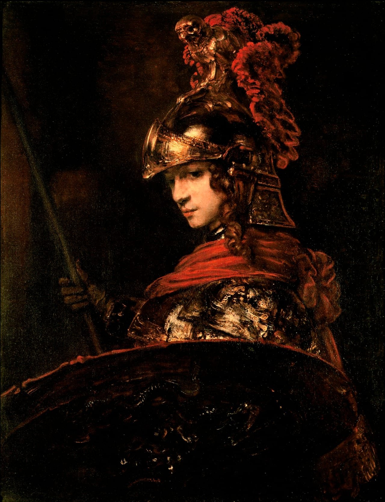 Pallas Athena by Rembrandt van Rijn, c. 1657, oil on canvas, depicting Athena in ornate golden armor and plumed helmet, Calouste Gulbenkian Museum Lisbon