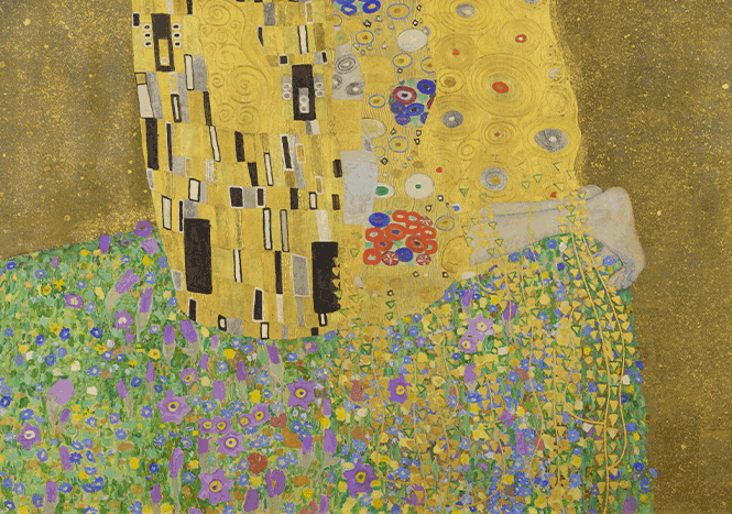 Detail of bottom edge of Klimt The Kiss showing flowers ending at golden void beneath figures feet