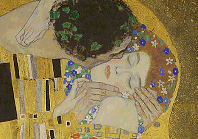 Detail of woman's face and hands in Gustav Klimt The Kiss showing closed eyes and expression of surrender