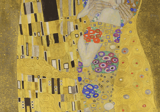 Detail of robes in Gustav Klimt The Kiss showing geometric masculine pattern and floral feminine pattern merging