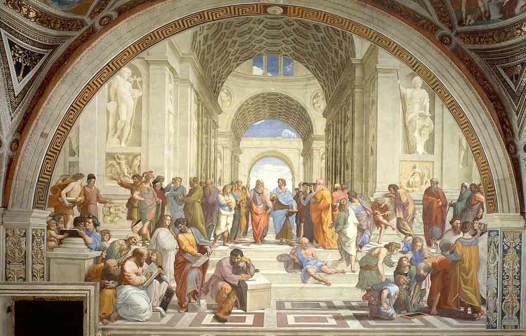 The School of Athens by Raphael, 1509 to 1511, fresco in the Stanza della Segnatura, Vatican Museums, depicting ancient Greek philosophers gathered beneath a statue of Athena