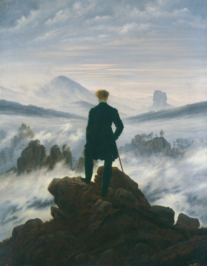 Caspar David Friedrich Wanderer above the Sea of Fog 1818 oil on canvas Hamburger Kunsthalle solitary figure standing on rocky peak overlooking fog filled valley