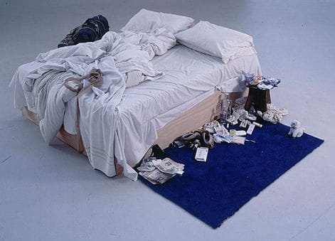 Tracey Emin My Bed 1998 mixed media installation unmade bed stained sheets vodka bottles underwear personal objects Tate Britain Turner Prize loneliness depression - Art with Symbols