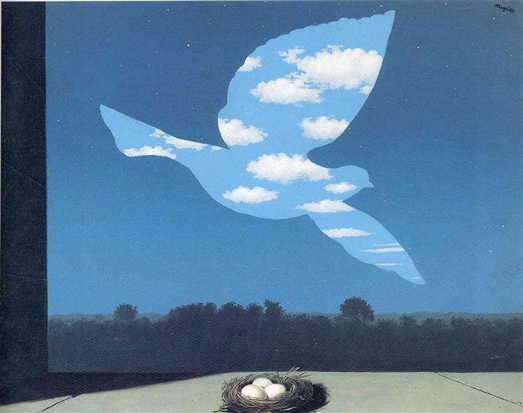 René Magritte Le Retour The Return 1940 oil on canvas surrealist painting bird silhouette made of daytime sky against night background nest with three eggs windowsill