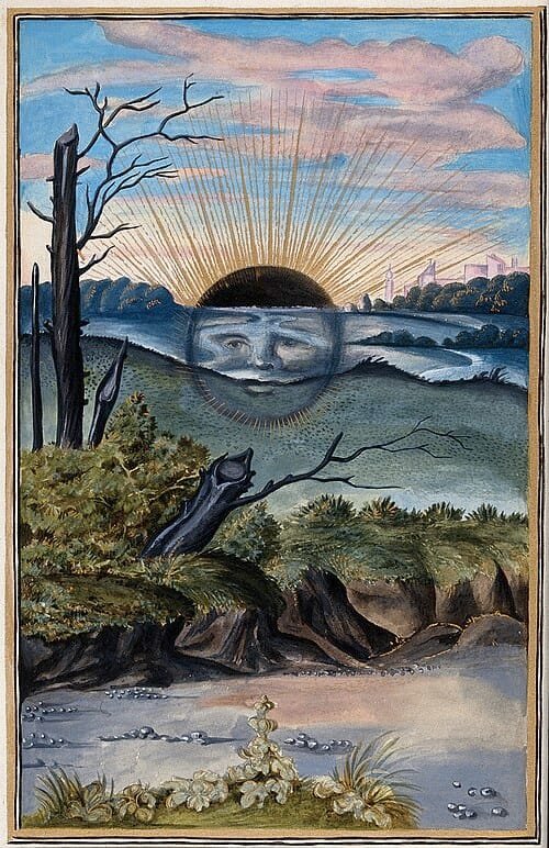 A dark sun bearing a human face rises over a landscape of dead trees and still water, golden rays radiating behind the black disc — alchemical illustration, Wellcome Collection