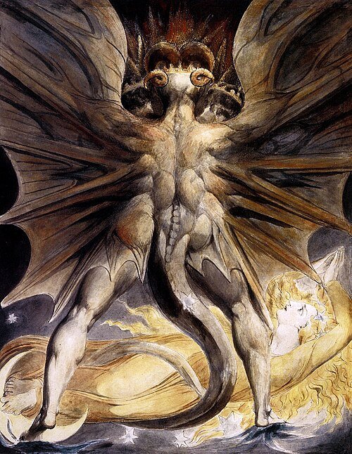 William Blake's painting of the Great Red Dragon looming over the Woman Clothed with the Sun, from the Book of Revelation