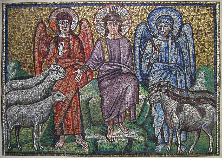 6th-century Byzantine mosaic of Christ separating the sheep from the goats, with a blue angel believed to be the earliest depiction of Satan, Sant'Apollinare Nuovo, Ravenna