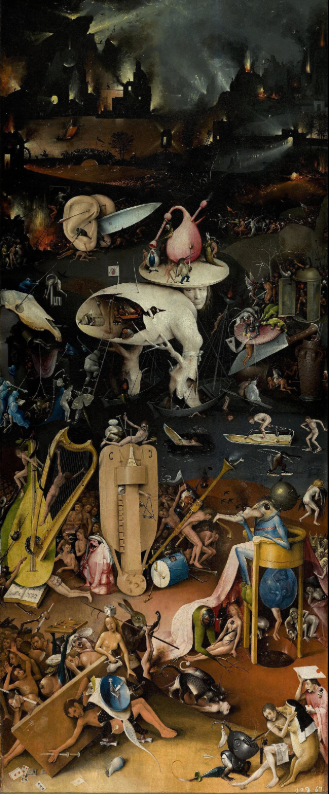 Detail of the Tree-Man figure from Hieronymus Bosch's The Garden of Earthly Delights, showing a hollow torso containing tormented sinners