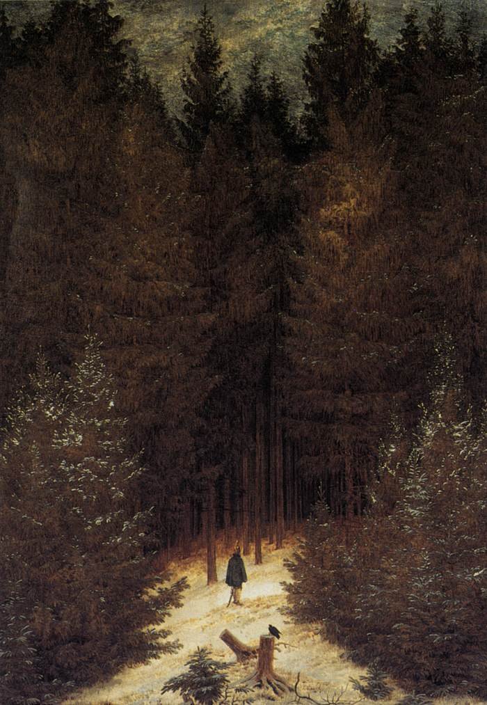 Caspar David Friedrich, The Chasseur in the Woods, 1814, a lone soldier facing a dark pine forest