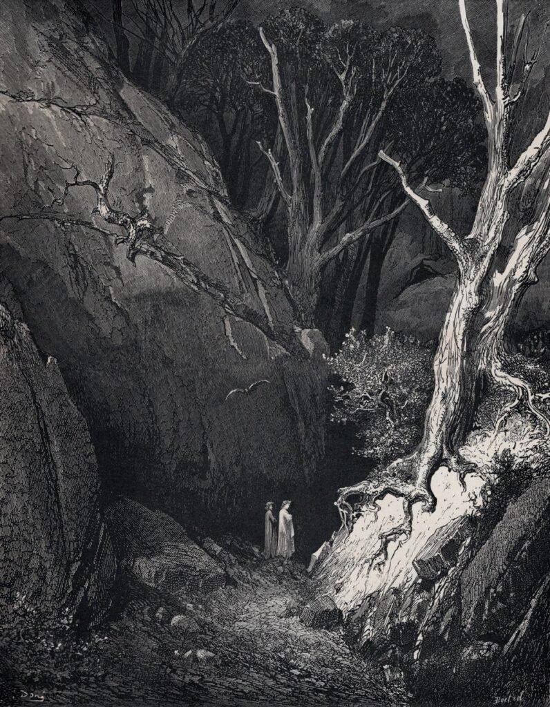 Gustave Doré engraving of Dante lost in the dark wood from the Divine Comedy
