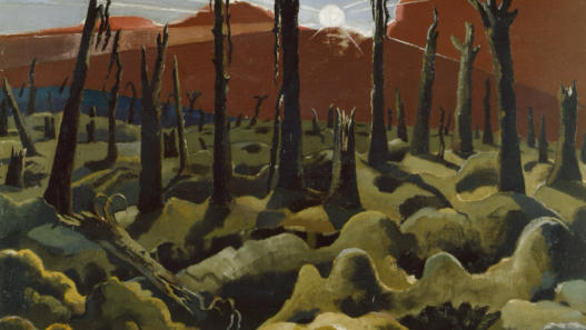 Paul Nash, We Are Making a New World, 1918, shattered blasted trees on a First World War battlefield