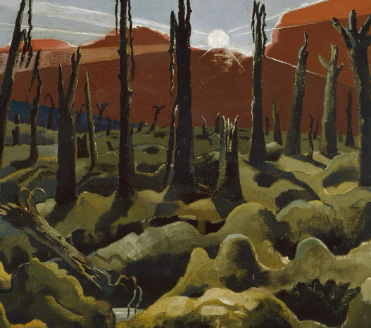 Paul Nash, We Are Making a New World, 1918, shattered blasted trees on a First World War battlefield