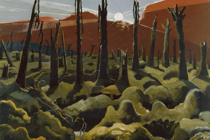 Paul Nash, We Are Making a New World, 1918, shattered blasted trees on a First World War battlefield