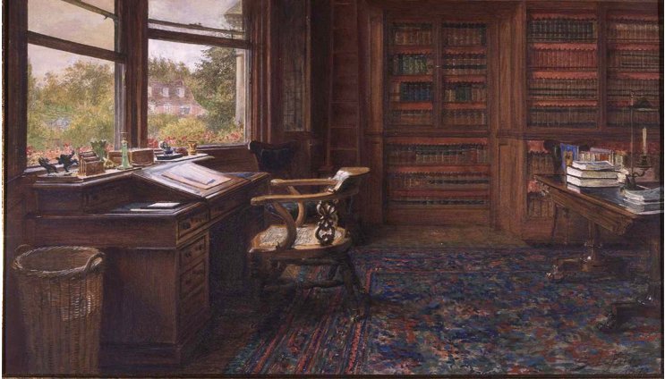 Black and white engraving of Charles Dickens's study, with an empty chair pushed back from a desk covered in papers and books
