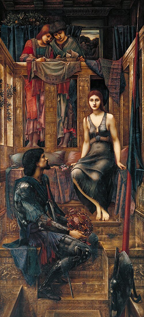 King Cophetua and the Beggar Maid by Edward Burne-Jones, 1884, king kneeling below a beggar girl seated on a throne