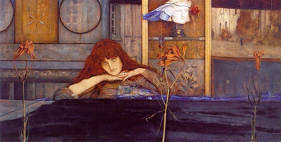 I Lock My Door Upon Myself by Fernand Khnopff, 1891, red-haired woman resting her chin on her hands beside a bust of Hypnos and lilies
