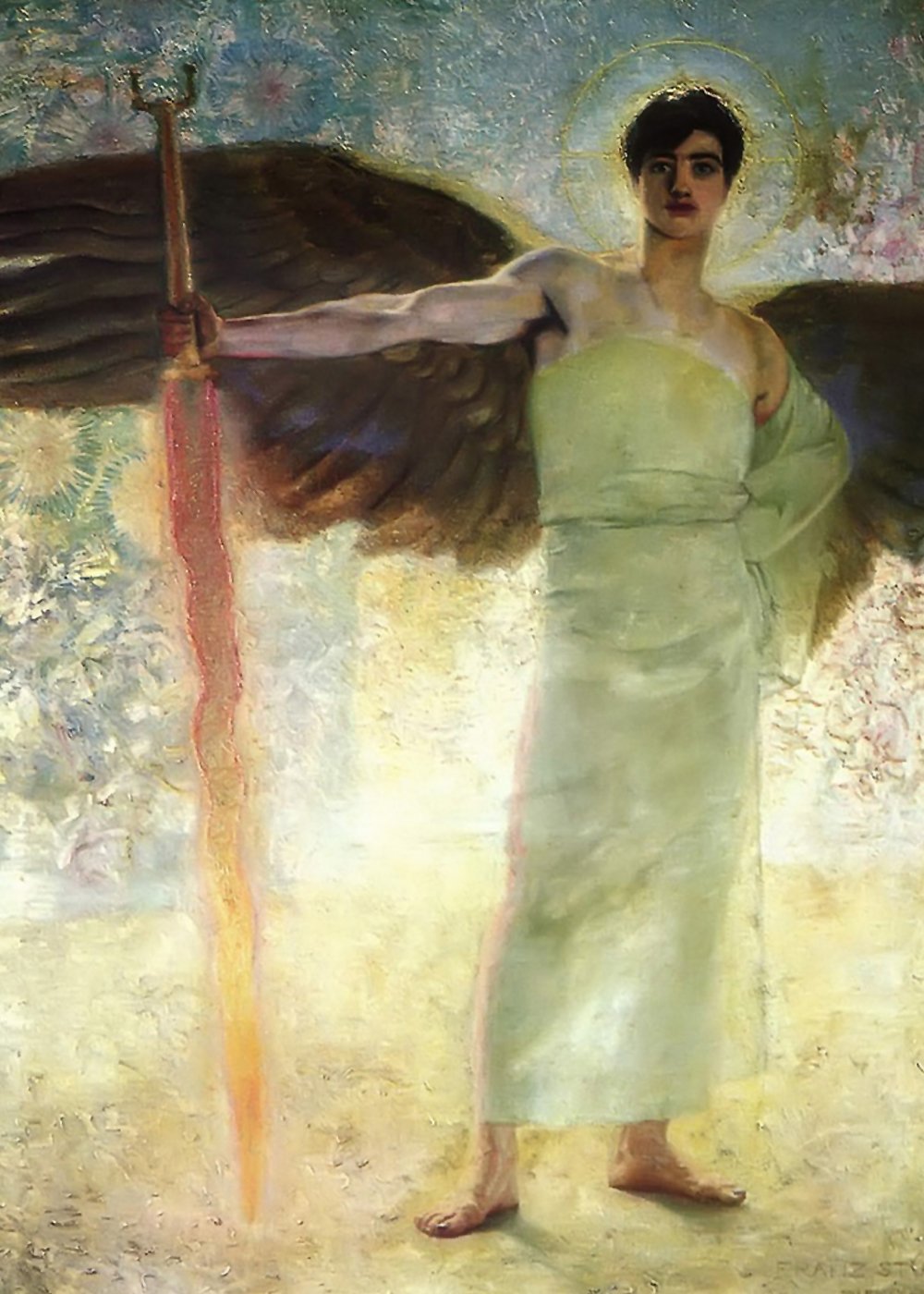 The Guardian of Paradise by Franz von Stuck, 1889, glowing winged angel holding a flaming sword at the gates of Eden