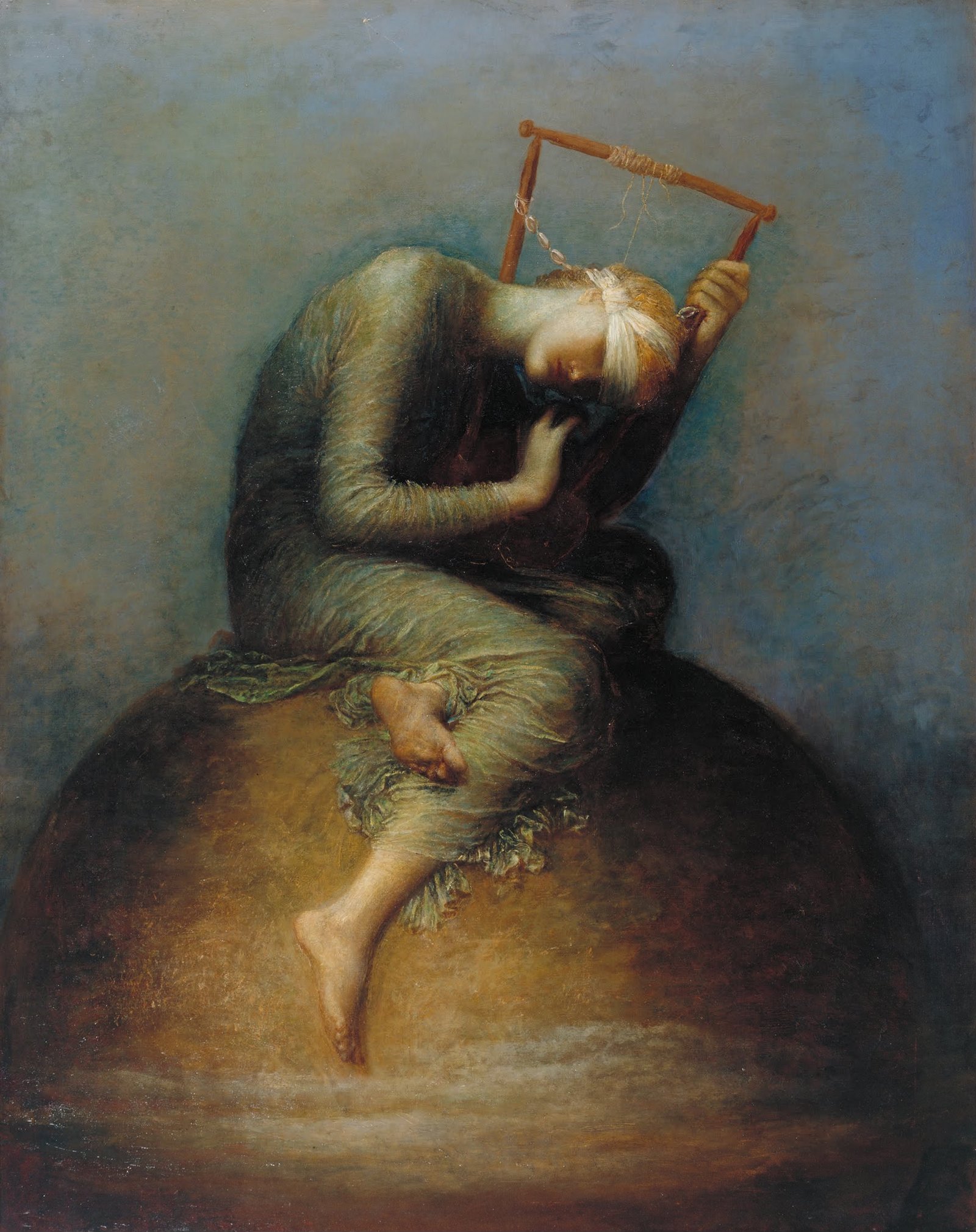 Hope by George Frederic Watts, 1886, blindfolded woman sitting on a globe holding a lyre with one string