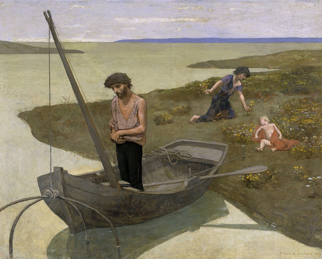 The Poor Fisherman by Pierre Puvis de Chavannes, 1881, fisherman praying in a boat with a woman and child on the shore