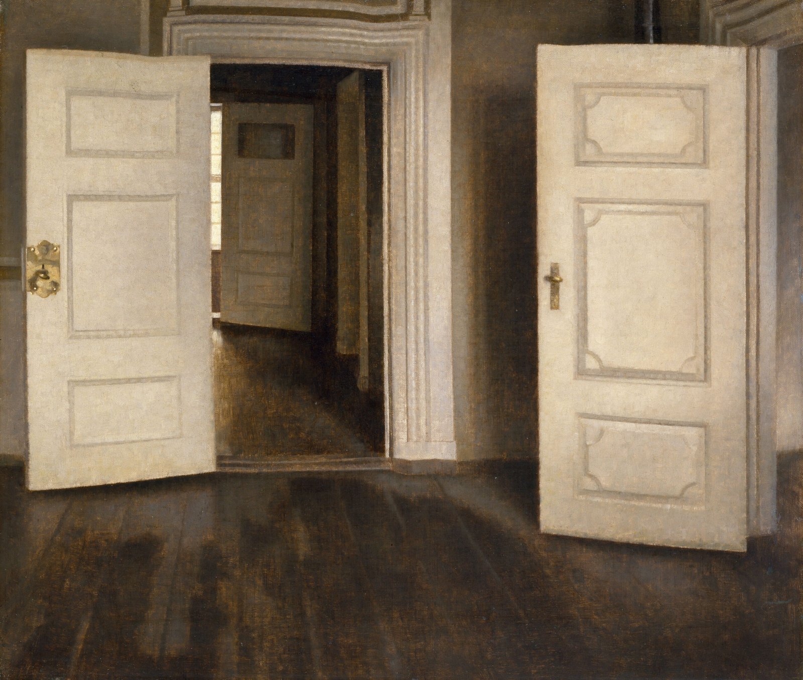 Vilhelm Hammershøi painting of a series of open white doors leading through empty, quiet rooms with bare wooden floors
