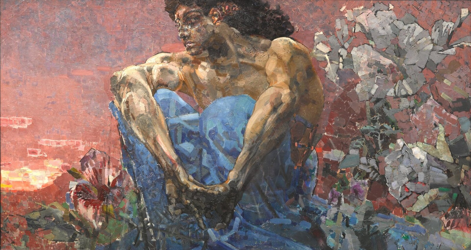 Demon Seated by Mikhail Vrubel, 1890, brooding muscular figure sitting with clasped hands against a mosaic-like sunset